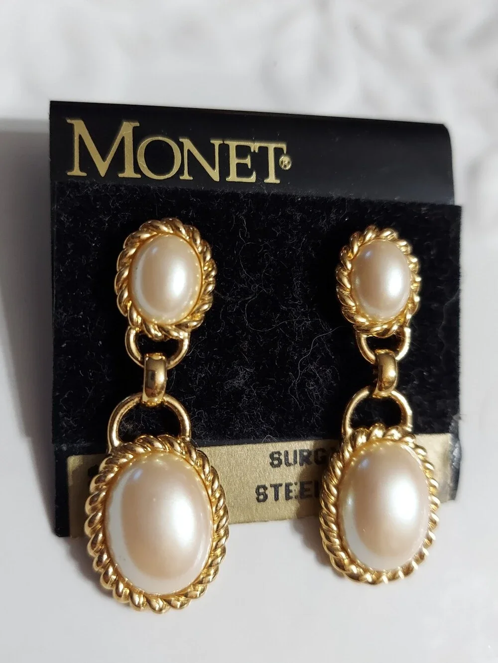 Monet Vintage Textured Gold Tone/Oval Faux Pearl Dbl Drop Earrings